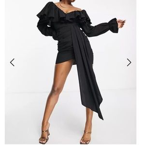 ASOS LUXE cotton dress with drape detail and ruffles in black